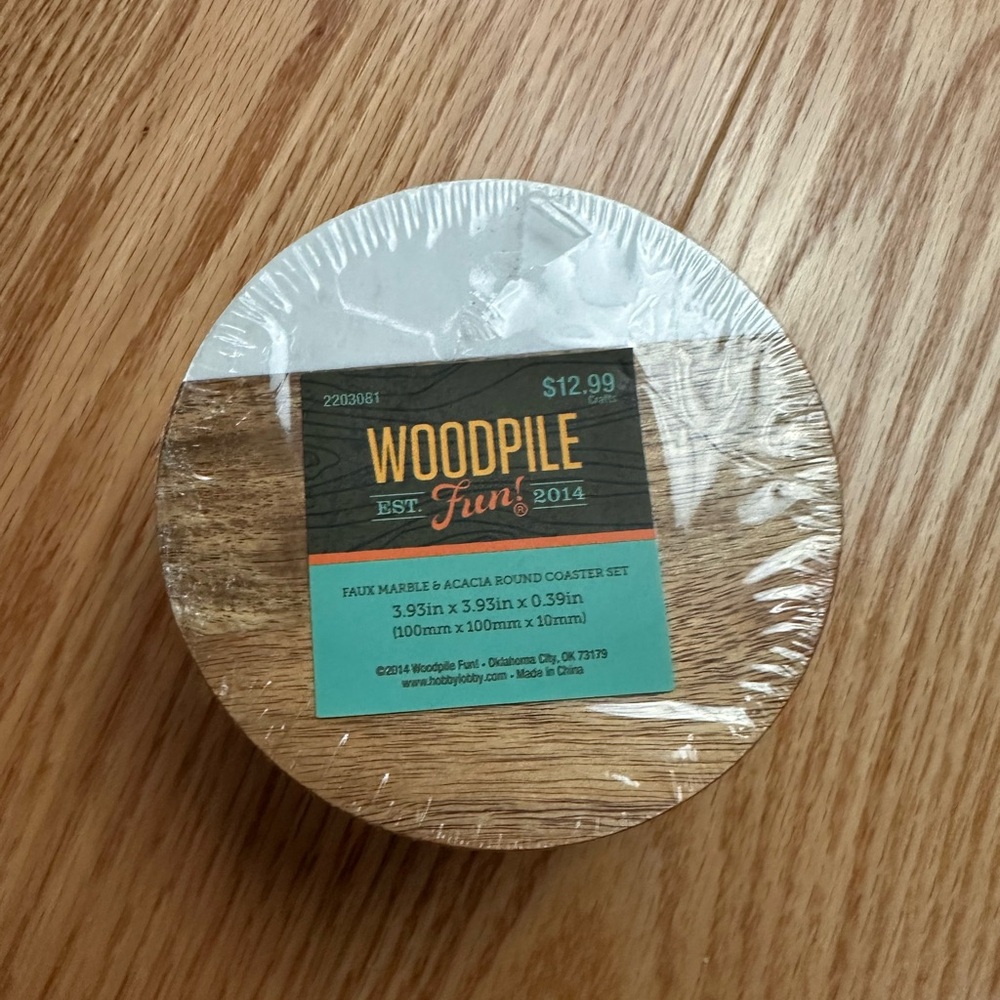 Sealed Woodpile Fun Faux Marble & Acacia Coaster Set (4)